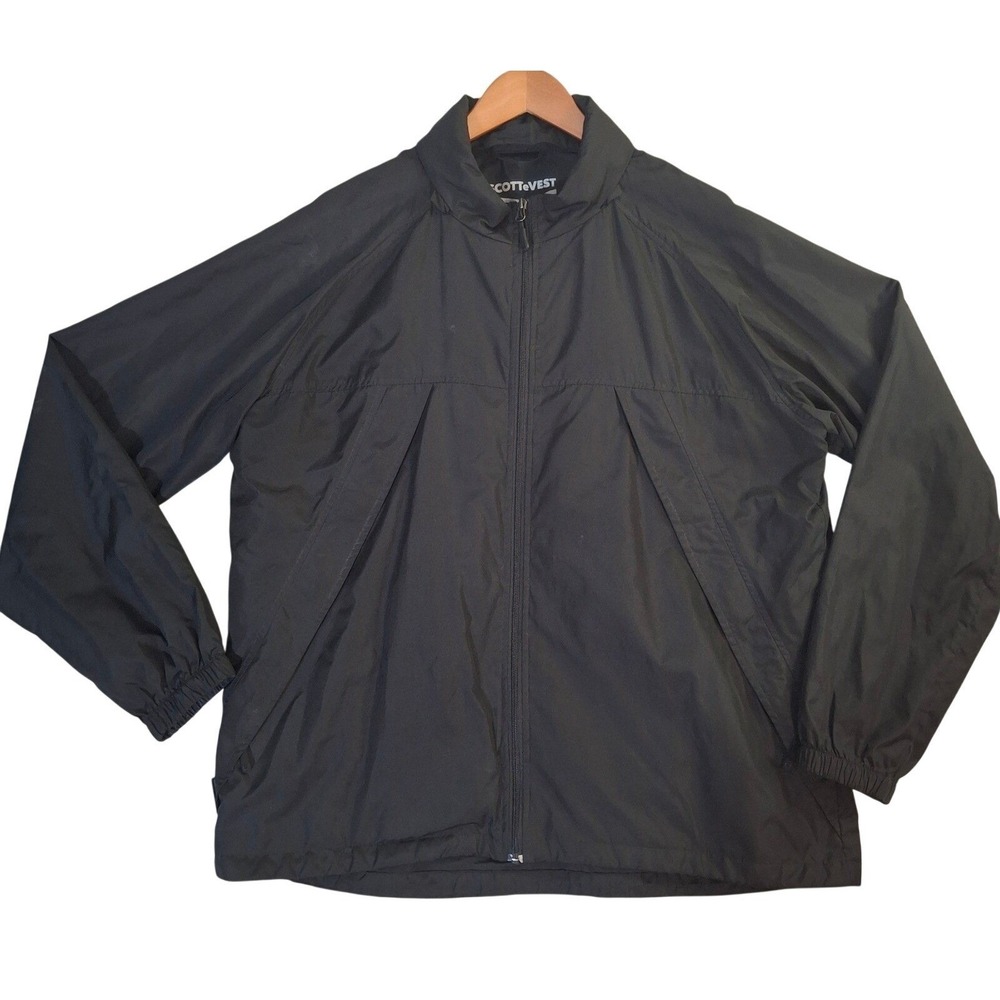Scottevest Mens XL Black Windbreaker Jacket 19 Pockets Stowable Hood Travel TEC